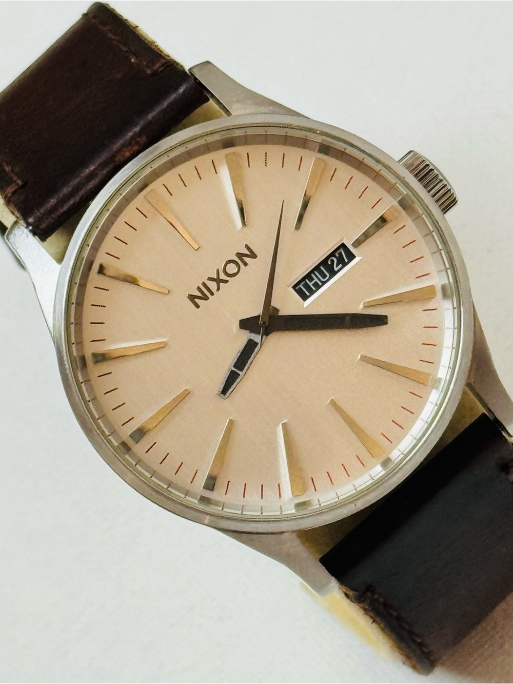 Nixon The Sentry 42mm Men's Day/Date Watch Silver Dial Brown Leather